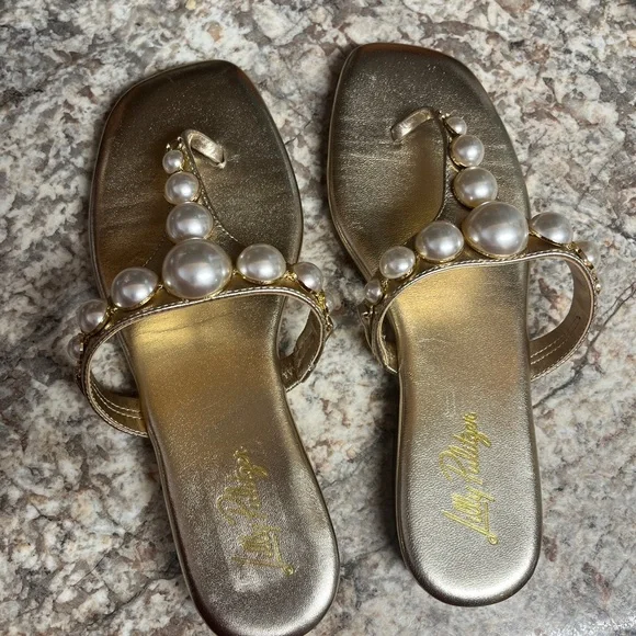 Lilly Pulitzer Cloe Gold Sandals with Pearl Embellishments - Picture 4 of 7